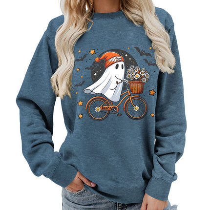 Amazon Source Ghost Riding a Bicycle Halloween Print Round Neck Women's Sweatshirt Casual Loose Fit