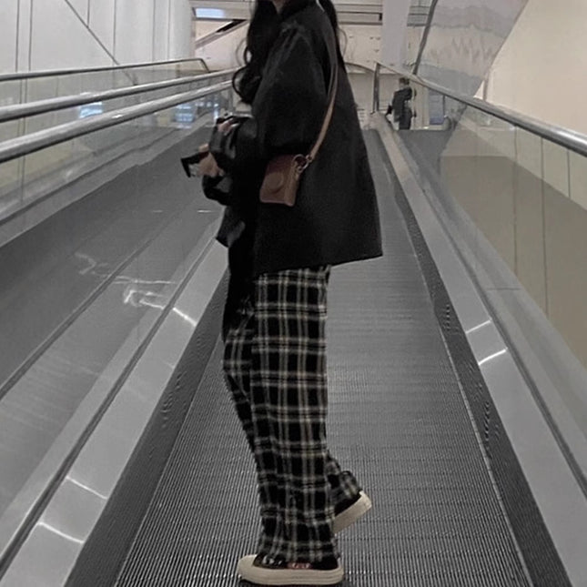 American High Street Retro Casual Slim Women's Spring New Hong Kong Style Loose and Versatile Wide-Leg Straight Long Plaid Pants