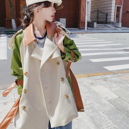 This year's popular pu leather stitching trench coat coat women's spring and autumn high-end Korean style mid-length casual coat