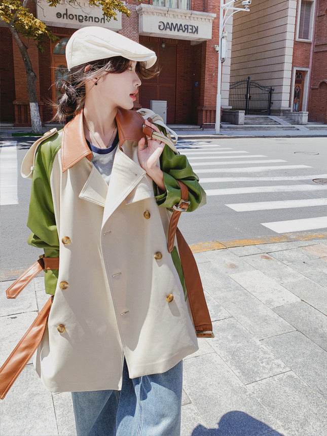 This year's popular pu leather stitching trench coat coat women's spring and autumn high-end Korean style mid-length casual coat