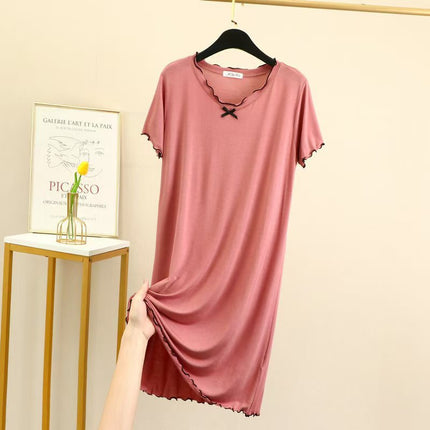 Modal Dress Women's Summer Thin Short-Sleeved A-Line Skirt Mid-Length Home Casual Skirt Ear-Hemmed Loose Nightgown