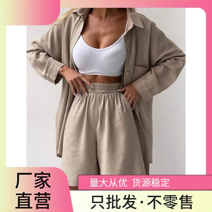 2024 spring European and American new solid color single-breasted long sleeve shirt loose fashion casual shorts suit in stock