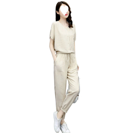 Sports Suit for Women Summer 2025 New Style Casual Fashion Fashionable Age-Reducing Lady Cotton and Linen Two-Piece Set