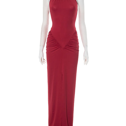 Sanhu Lianjiang Q25Ds104 European and American Women's Pure Color Sleeveless Halterneck Tight-Fitting Hip-Shrinking Pleated Slit Long Dress