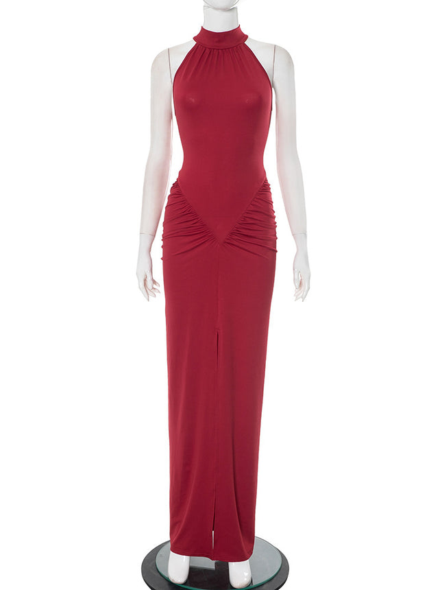 Sanhu Lianjiang Q25Ds104 European and American Women's Pure Color Sleeveless Halterneck Tight-Fitting Hip-Shrinking Pleated Slit Long Dress