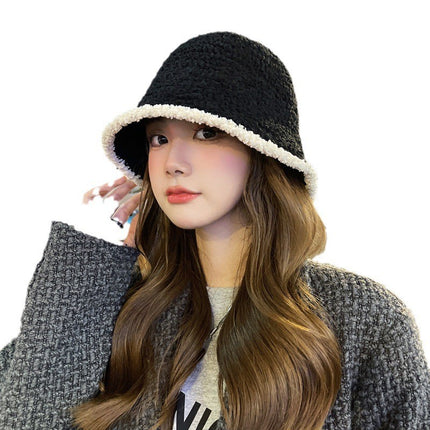 Color-Blocked Bucket Hat for Women, Trendy Knitted Hat, Spring and Autumn Korean Style, Versatile, Face-Slimming, Face-Covering Fisherman Hat