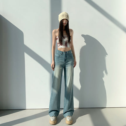 Washed Vintage High Waist Jeans Women's 2025 Spring New Loose Dipped Slim Look Narrow Straight Wide Leg Pants