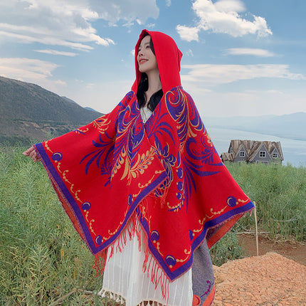 Lijiang Yunnan Tourism Red Large Shawl Ethnic Style New Style Outer Hanging Hat Cloak Coat Scarf Women