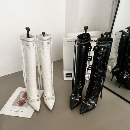European and American New Pointed Thin Heel Metal Rivet Motorcycle Catwalk Women's Boots Belt Buckle Tassel plus size Knight Fashion Boots