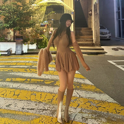 South Korea Dongdaemun Tight Waist Figure Sexy High Collar Sleeveless dress Long Sleeve Cardigan Two-piece Suit for Women