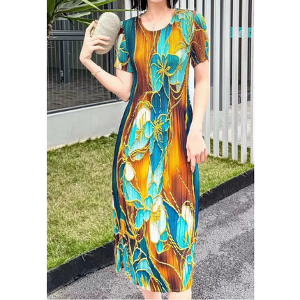 Miyake pleated 2025 summer new temperament round neck printed pleated skirt fashion waist thin magic dress