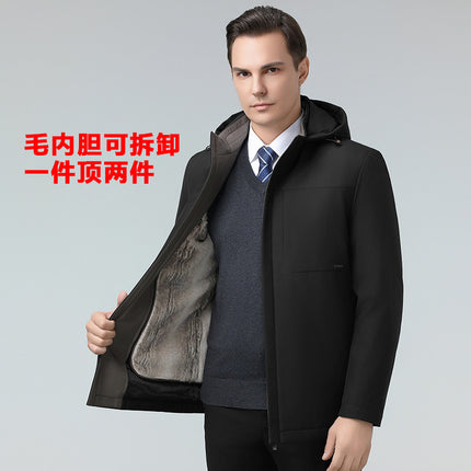 2024 New Winter Style Middle-Aged and Elderly Men's Cotton Outwear Fleece-Lined Thickeneded Casual Hooded Removable Mink Velvet Liner Thick Outwear