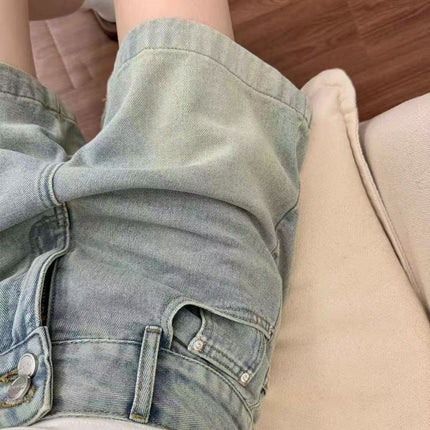 Retro Denim Shorts Women's Summer Thin Large Size Fat mm Pear-Shaped Figure High Waist Slimming Look Loose A-Line Wide Leg Pants