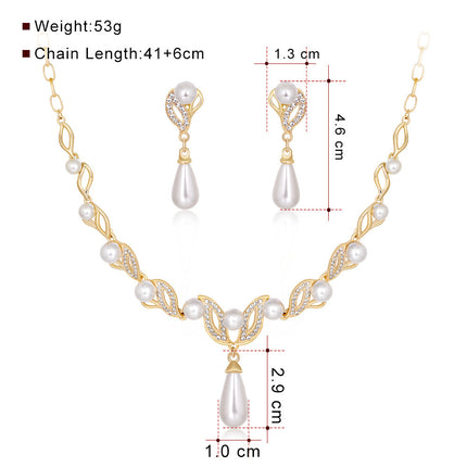Imitation Gold Ear Studs/Ear Clips, Necklace and Earrings Pearl Jewelry Set, Bridal Leaf-Shaped Long Teardrop Pearl Necklace