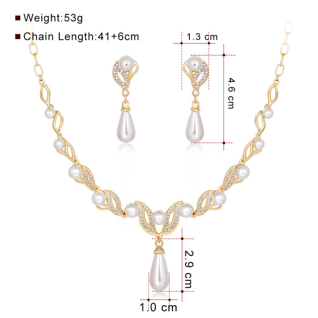 Imitation Gold Ear Studs/Ear Clips, Necklace and Earrings Pearl Jewelry Set, Bridal Leaf-Shaped Long Teardrop Pearl Necklace