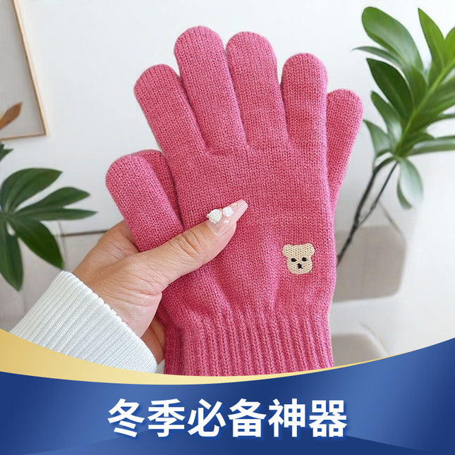 Warm Gloves for Women in Autumn and Winter to Prevent Cold and Keep Students Warm, Cute Bear Wool Knitted Touch Screen Fingers