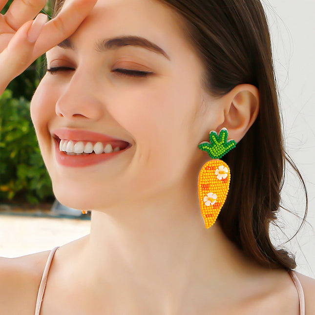 Easter Retro Style Creative Accessories Carrot Earrings High-End Green Leaf Rice Beads Sequin Hand-Woven Earrings