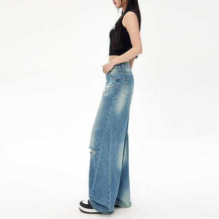 Retro American-Style Washed Ripped Design Curved Knife Jeans for Women Cross-Border Three-Dimensional Cut Silhouette Banana Pants
