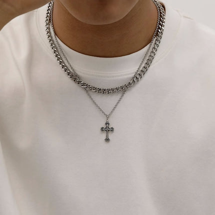 Cross Double-Layer Cuban Necklace Men's Trendy Accessible Luxury Versatile Accessories 2023 New Clavicle Chain Hip-Hop Trendy Jewelry