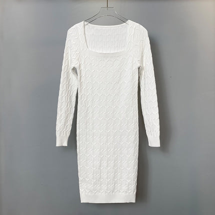Real Shot South Korea Dongdaemun Sexy Figure Hip Long-sleeved Dress Slim-fit Slimming Hemp Pattern Knitted Skirt