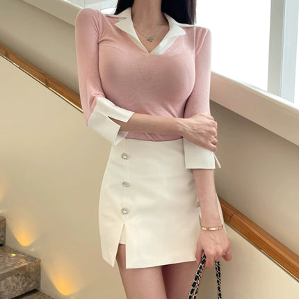 Korean Spring and Summer New Style Elegant Slim-Fit Polo Collar Mid-Sleeve Thin Semi-Sheer Figure-Flattering Base Shirt T-Shirt