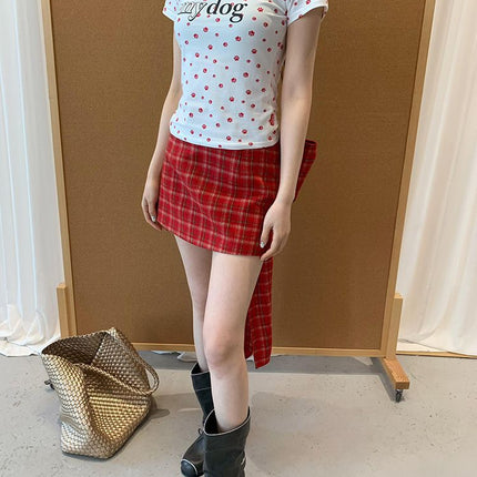 Original Fabric Summer American Retro Heart Dog Paw Printed Short T-Shirt for Sexys Slimming Look Top