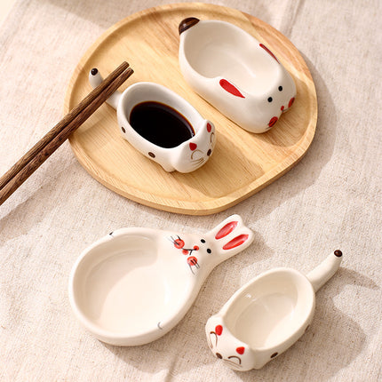 Creative Cartoon-Style Ceramic Dish with Chopstick Holder, Small Household Dish, Seasoning Dish, Hot Pot Dipping Dish, Condiment Dish