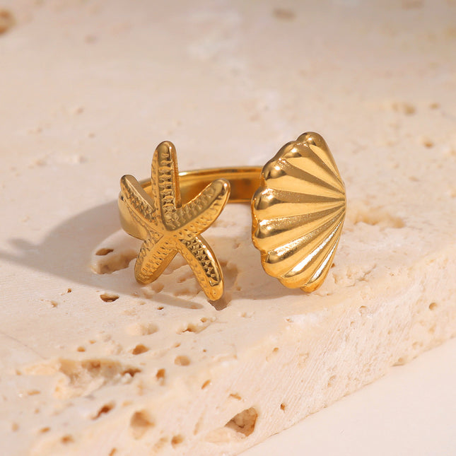 European and American Hot-Selling Starfish Shell Ring for Women, Niche High-End Trendy Daily Matching Ring, Stainless Steel Hand Jewelry