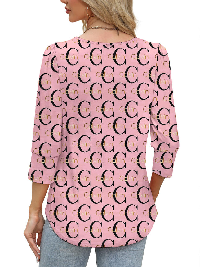 50 Colors Cross-Border European and American Amazon Spring and Summer New Printed T-Shirts with Cuff Buttons, Casual Versatile Vacation Women's Clothing