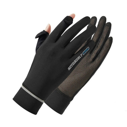 Ice silk sunscreen gloves women's flip open finger touch screen riding driving mesh breathable anti-ultraviolet thin gloves