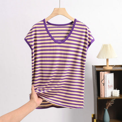 Cross-border Loose plus size Modal Sleeveless Round Neck Striped T-shirt Summer Thin Loose Slimming Casual Base Shirt