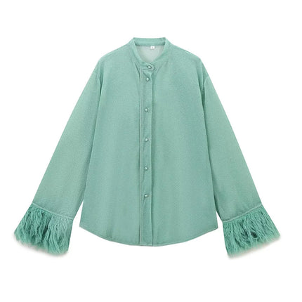 European and American Style Women's Clothing Export Cross-Border Popular Versatile Holiday Blouse French Light Mature Style Fashion Ostrich Feather Splicing Lining