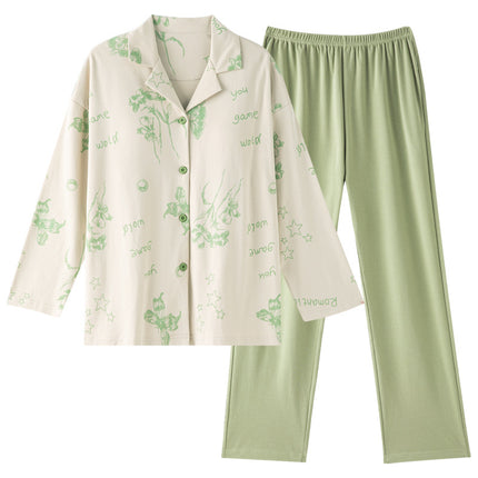 Pure Cotton Pajamas Women's Spring and Autumn Women's Casual Long-sleeved Trousers Home Clothes Women's Autumn Lapel Home suit Green