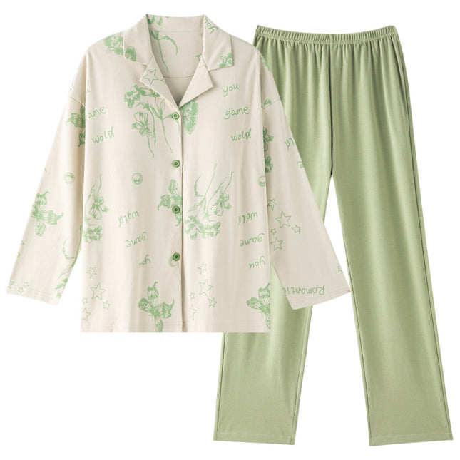 Pure Cotton Pajamas Women's Spring and Autumn Women's Casual Long-sleeved Trousers Home Clothes Women's Autumn Lapel Home suit Green