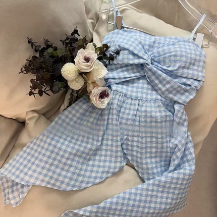 Celebrity Style Irregular Plaid Suspender Top with Bow, Mid-Length Outer Wear and Versatile Tube Top