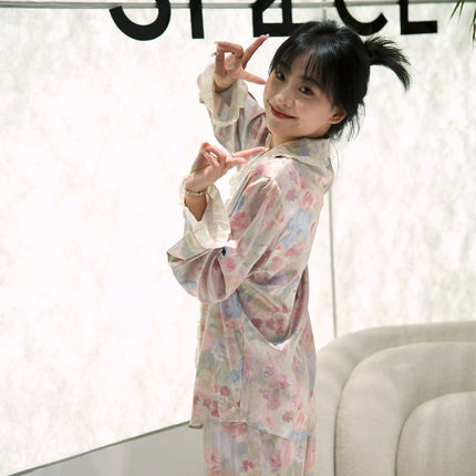 New spring ice silk pajamas women's sweet [Secret Garden] long-sleeved trousers suit homewear can be worn outside