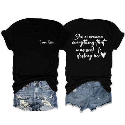 Amazon double-sided printed summer round neck short sleeve she overcame everthing loose all-match T-shirt