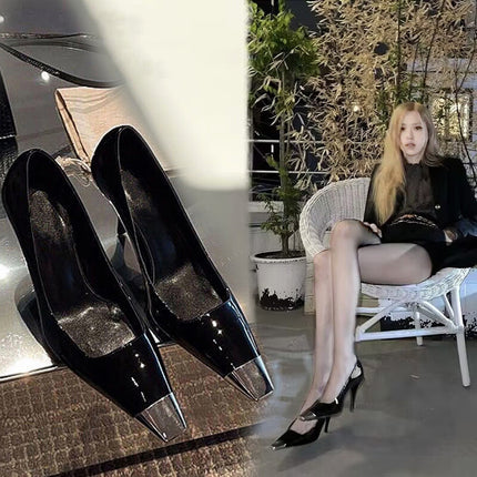 Elegant High Heel Shoes Women's 2024 Spring and Autumn New Metal Small Square Heel Sandals Women's Buckle Rear Trip Belt Women's Shoes