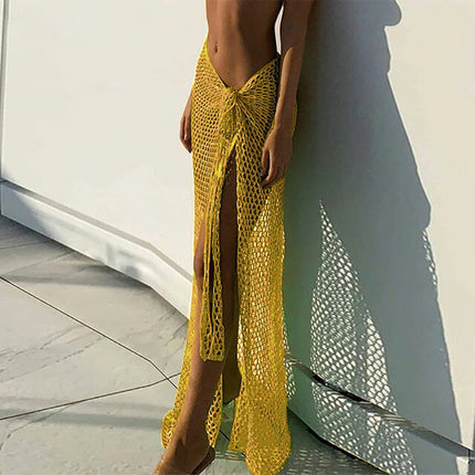 Cross-Border European and American Sexy Hollow Long Beach Skirt Solid Color Knitted Skirt Vacation Sun Protection Mesh Slit Long Skirt