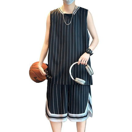 New 2025 Men's Running Stripe Sports Ice Silk Suit Men's Summer Basketball Suit Summer Sports Suit Men