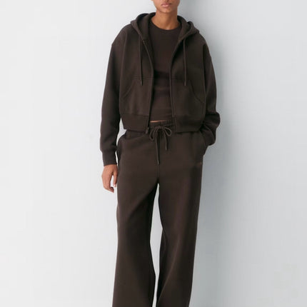 Women's Aritz Coffee-Colored Lead Gray Elastic Waist Autumn and Winter Fleece-Lined Warm Comfortable Straight-Leg Casual Sweatpants