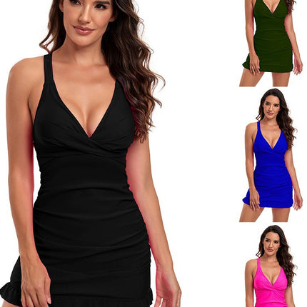 Amazon Foreign Trade 2024 European and American Summer Skirt Tankini Deep V Solid Color Strap Standard Separates Swimsuit for Women
