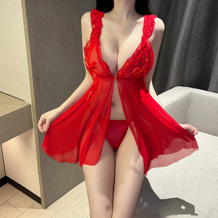 Sexy Pajamas Lace Thin Perspective Lingerie Temptation Pure Desire Open Chest Hot Mesh Home Clothes Pajamas