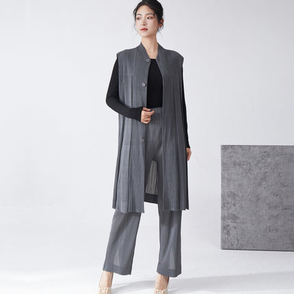 Miyake suit Women's High-end Professional Commuting All-match Mid-length Vest Cardigan Jacket Straight Pants Two-piece Set