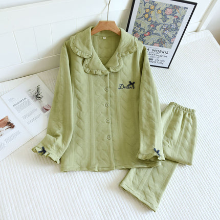 Autumn and Winter New Quilted Pajamas Medium Thick Heart Air Layer Women's Home Clothes Solid Color Casual Long Sleeve Trousers