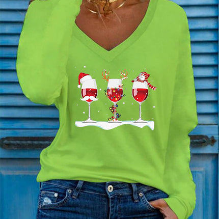 New Color European and American Amazon Aliexpress Christmas Three Wine Glass Printed Long-Sleeved Versatile Christmas Women's T-Shirt