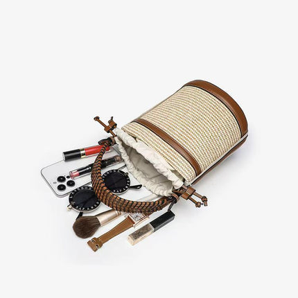 Zr Women's Bag 2025 New Color-Blocked Straw Shoulder Crossbody Bag Beach Outing Handbag Woven Bucket Bag Versatile