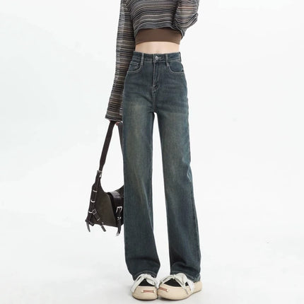 Black Grey Smoke Tube Jeans Women's Trendy All-match Korean Style High Waist Slimming Stretch Slim-fit Niche Narrow Straight Leg Pants