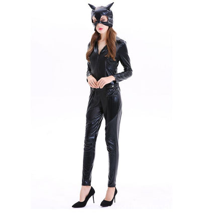 One-Piece Catwoman Halloween Party Patent Leather Catwoman Nightclub Cosplay Costume Black Tight Game Suit
