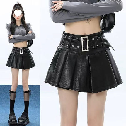 American-Style Pleated Skirt 2024 Autumn and Winter New Plus-Size High-Waisted Slimming Pu Short Pleated Skirt for Women